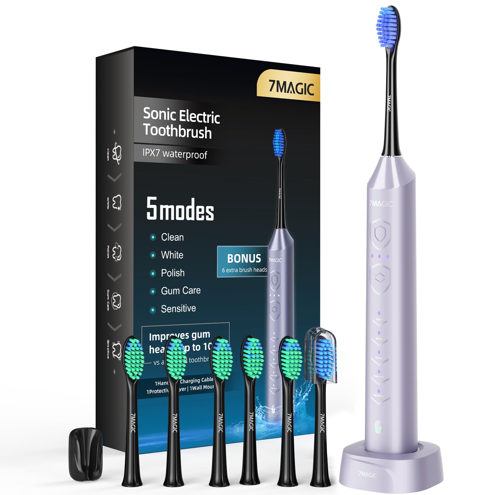 7MAGIC Electric Toothbrush, Sonic, 6 Modes, 3 Intensity, 40000VPM, IPX7, 90 Day Battery, Timer, Blue