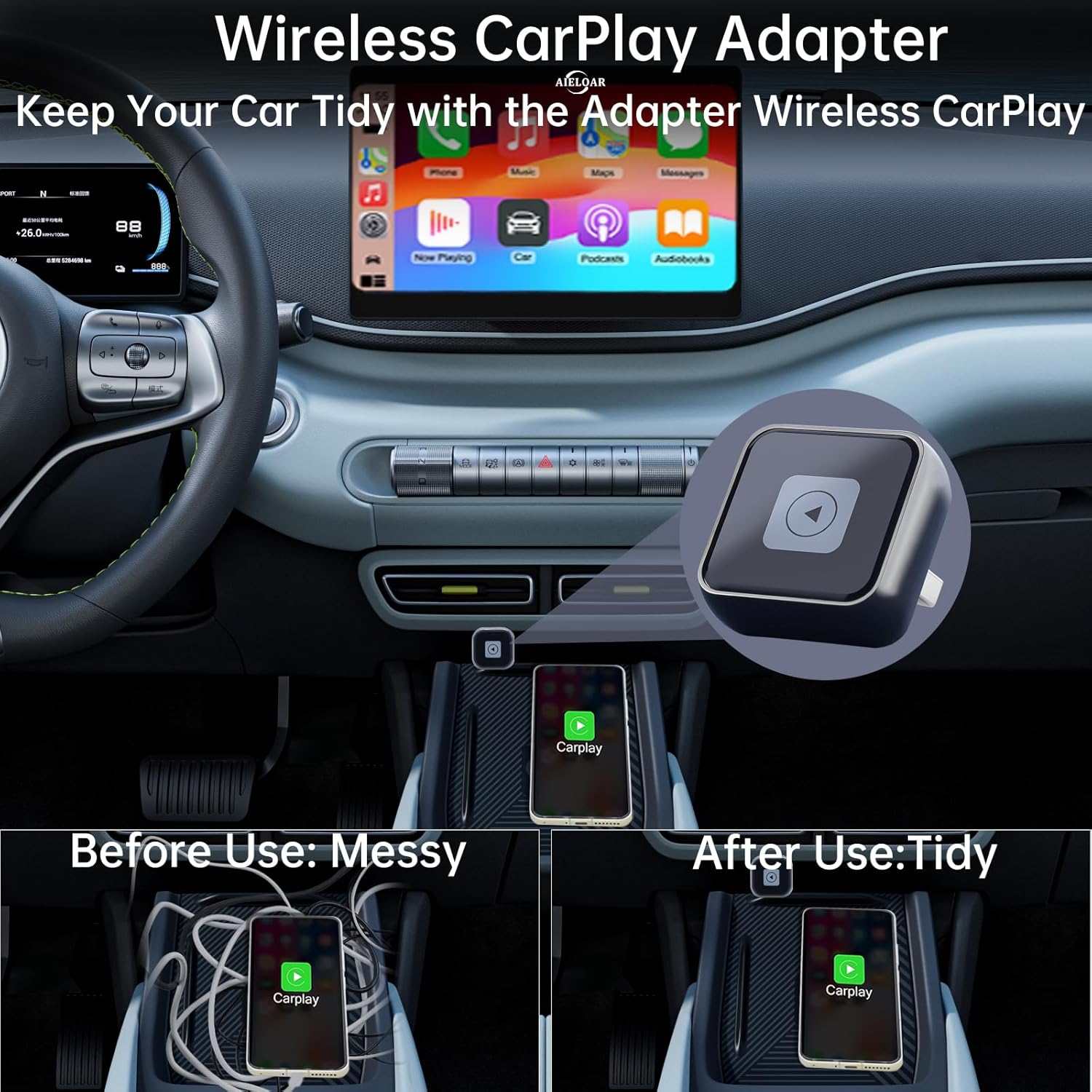 Aieloar Wireless CarPlay Adapter UK for iPhone, Wireless Carplay Dongle adaptor with Fast Connection-90 Degrees
