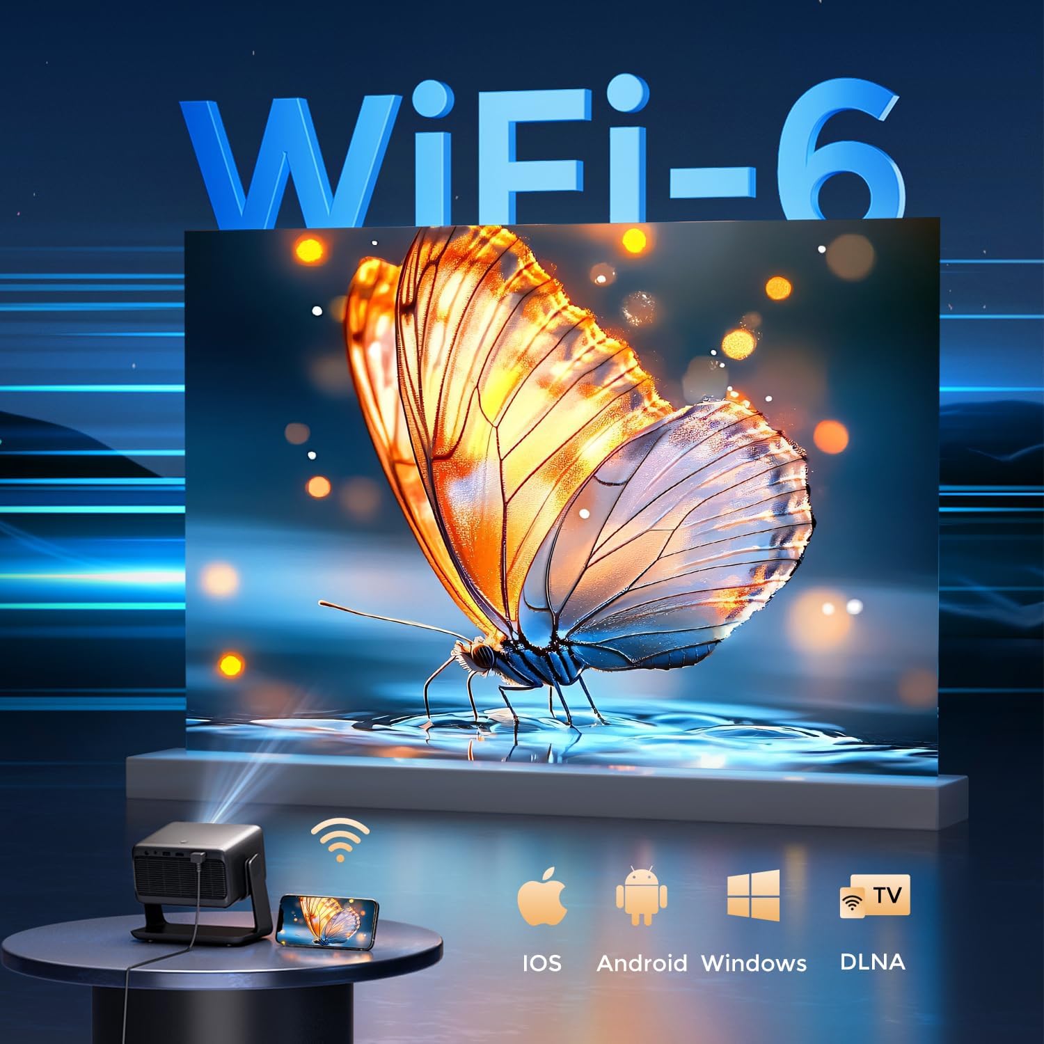 Beamer【Netflix Official and Dolby Audio】 AMEELA 1080P projector with WiFi and Bluetooth, 30000 lumens autofocus/trapezoidal correction, more than 100,000 applications and support 4K projector, video