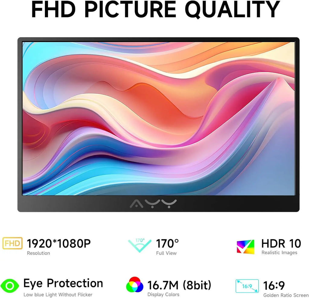 AYY Portable Monitor for Laptop 15 Inch,FHD 1080P USB C Travel Monitor External IPS HDMI for Computer, Second Display Screen Extender with Kickstand for PC Phone Switch PS4/5