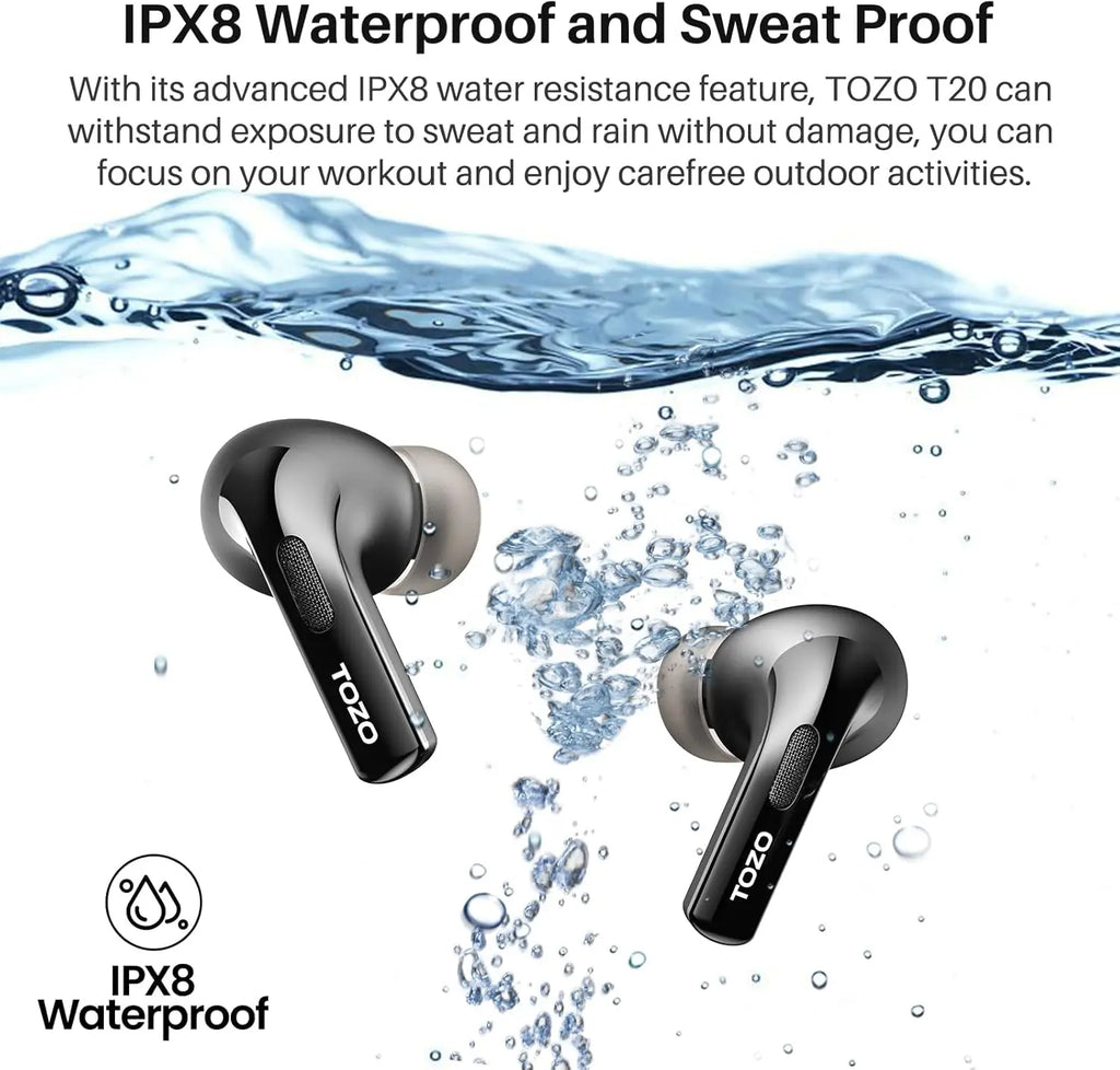TOZO T20 Wireless Earbuds, Bluetooth Earphones 48.5 Hrs Playtime with LED Digital Display, IPX8 Waterproof, Dual Mic Call Noise Cancelling, 10mm Broad Range Speakers (In-Ear, Black)