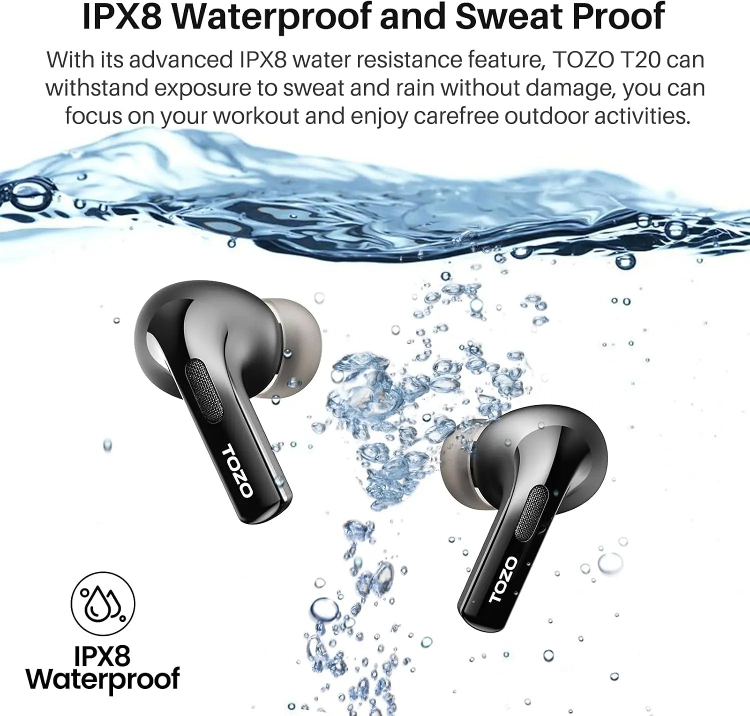 TOZO T20 Wireless Earbuds, Bluetooth Earphones 48.5 Hrs Playtime with LED Digital Display, IPX8 Waterproof, Dual Mic Call Noise Cancelling, 10mm Broad Range Speakers (In-Ear, Black)