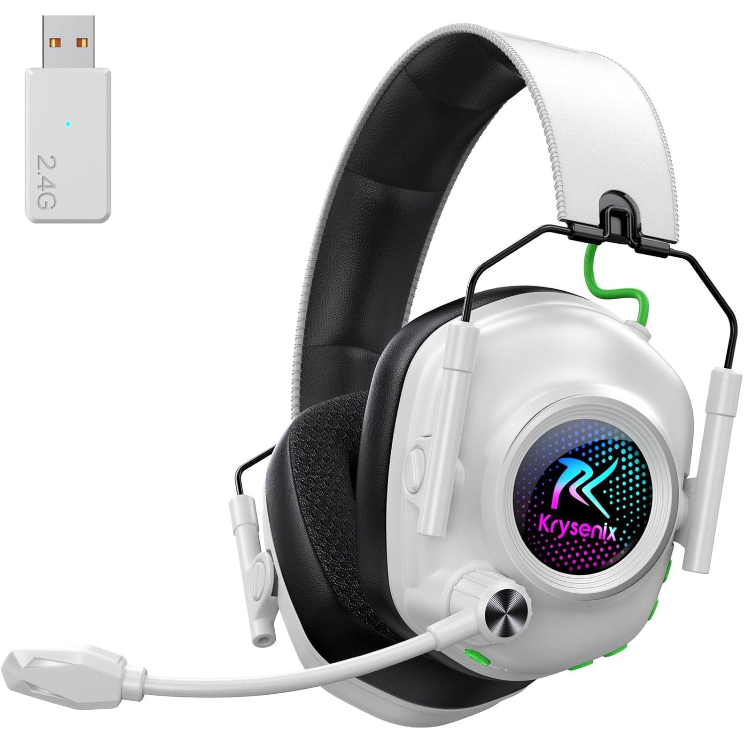 Krysenix Wireless Gaming Headset with Noise Canceling Microphone for PC, PS5, PS4, Switch, Mac, 2.4 GHz Wireless & Bluetooth 5.4 Gaming Headphones, Cool RGB Lighting, 40Hr Battery, 50mm Drivers-White