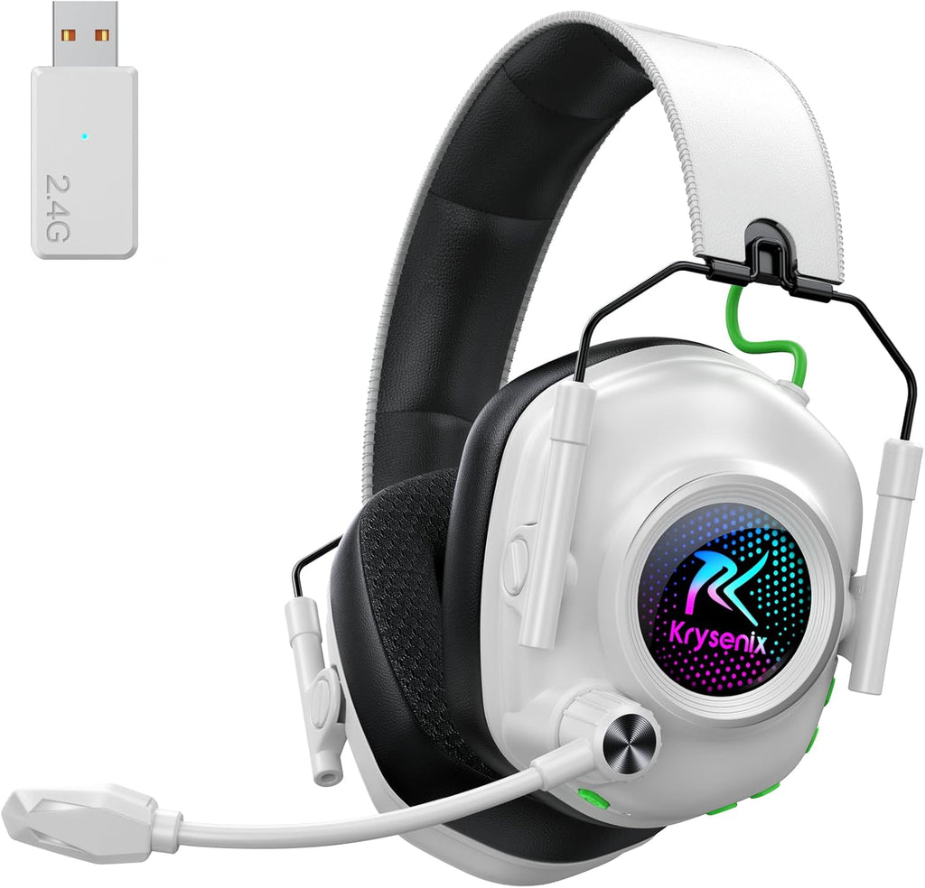 Krysenix Wireless Gaming Headset with Noise Canceling Microphone for PC, PS5, PS4, Switch, Mac, 2.4 GHz Wireless & Bluetooth 5.4 Gaming Headphones, Cool RGB Lighting, 40Hr Battery, 50mm Drivers-White