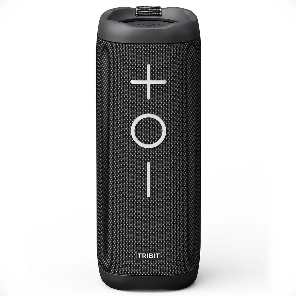 Front view of black Tribit StormBox cylindrical speaker with mesh grille and control buttons