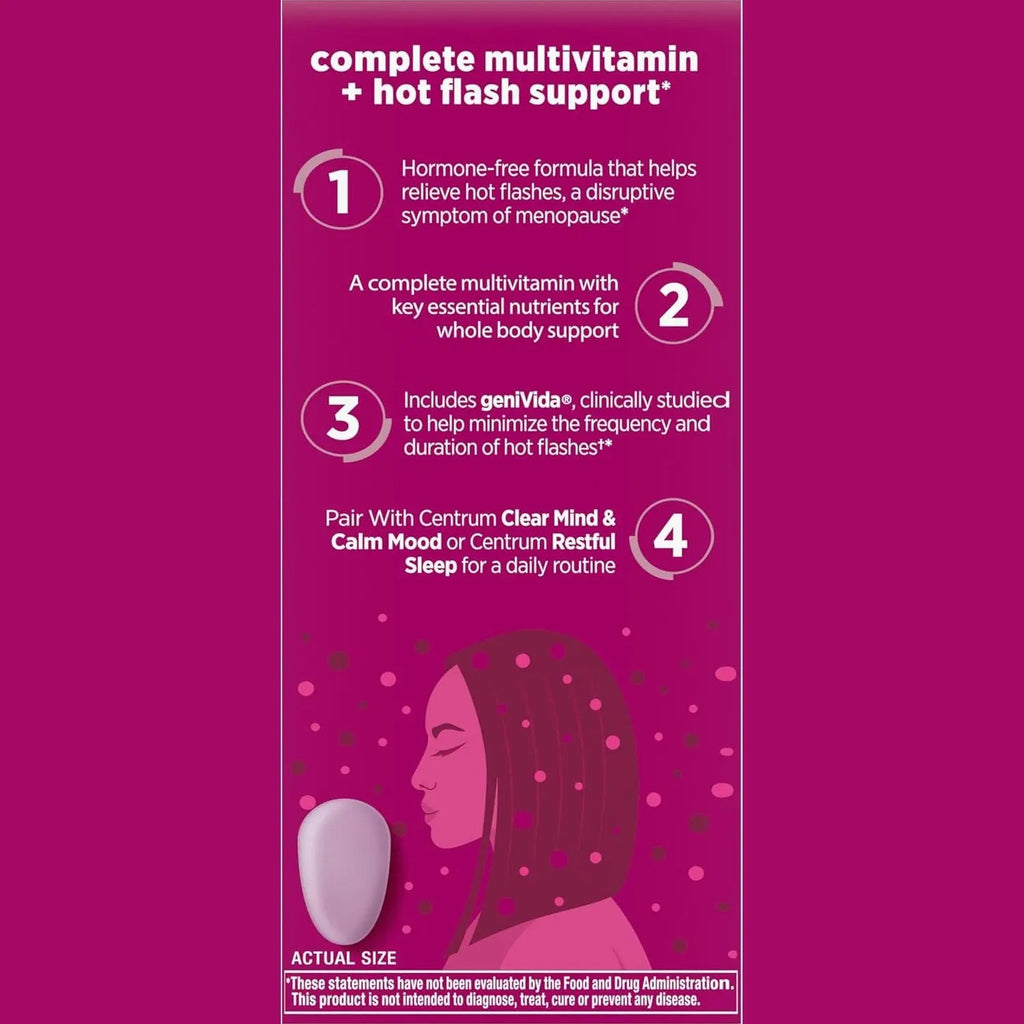 Centrum Complete Multivitamin Supplement + Hot Flash Support Menopause Support Tablets, with Clinically Studied geniVida, 30 Count