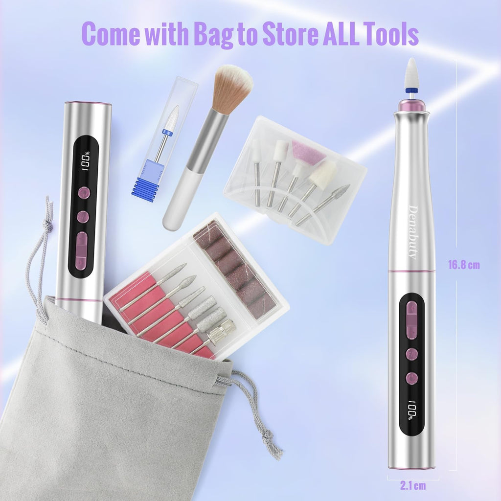 Denabuty Cordless Electric Nail Drill Machine, 13 in 1 Nail File Kit 35000RPM Professional Portable Rechargeable E File for Acrylic Polish Gel Removal Manicure Pedicure Set with 5 Speeds DN-2402