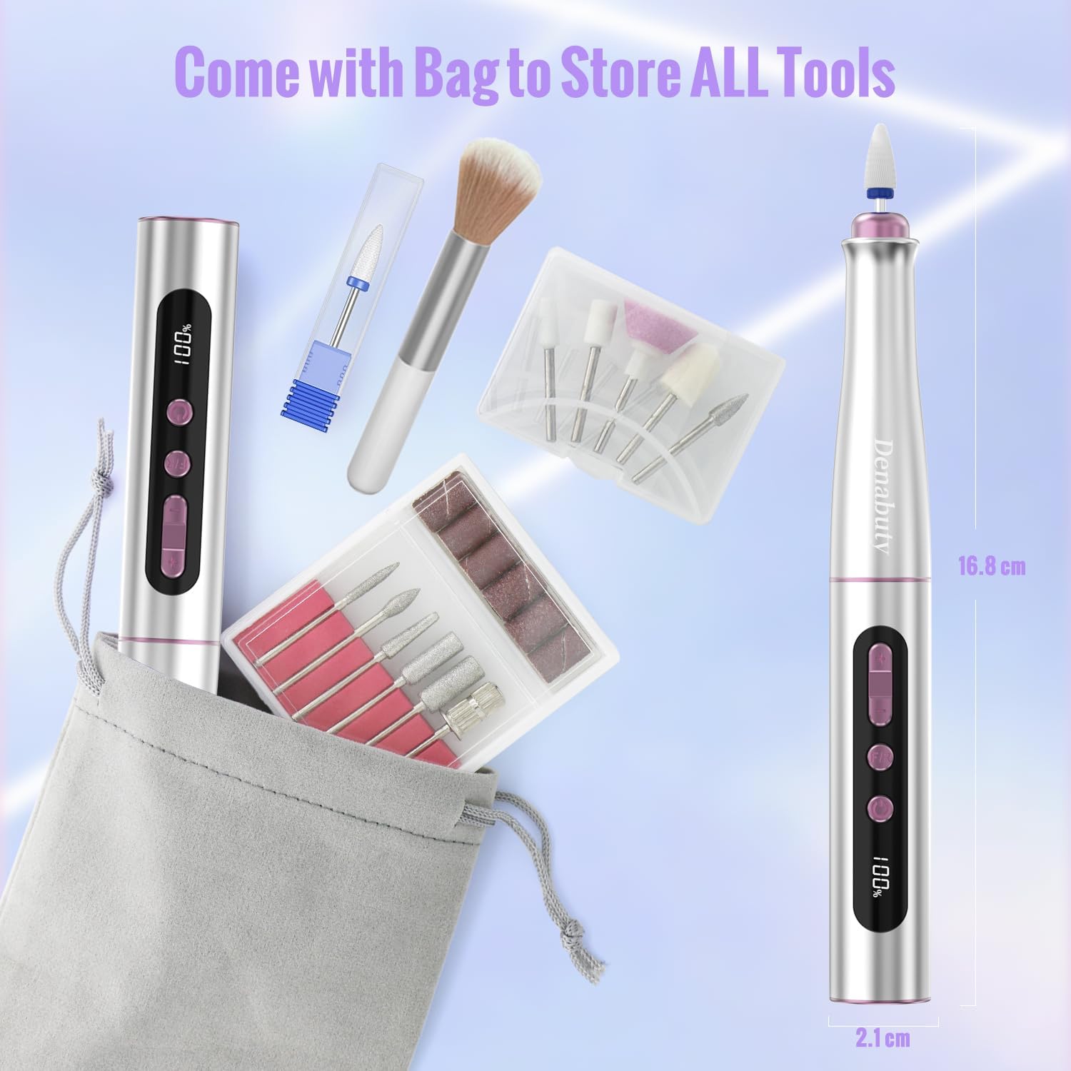 Denabuty Cordless Electric Nail Drill Machine, 13 in 1 Nail File Kit 35000RPM Professional Portable Rechargeable E File for Acrylic Polish Gel Removal Manicure Pedicure Set with 5 Speeds DN-2402