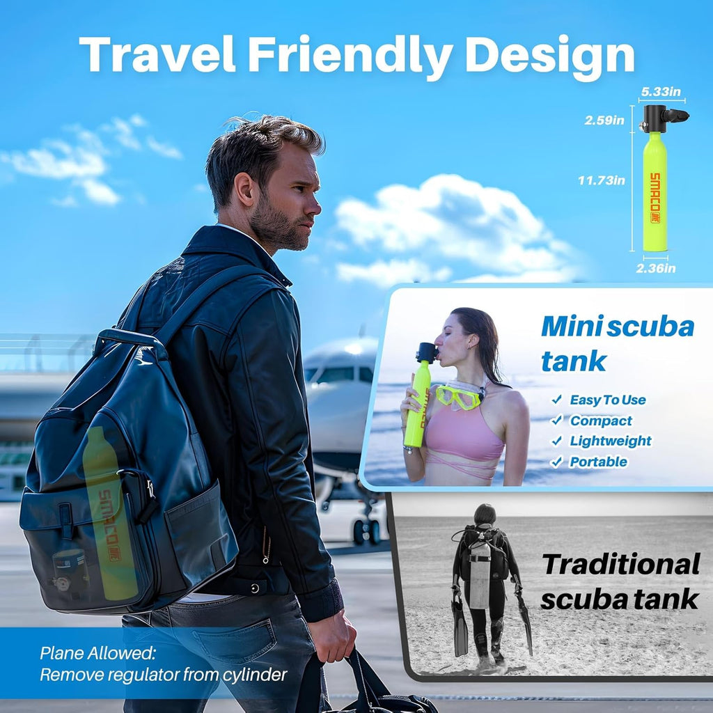 SMACO Mini Scuba Tank 0.5L Portable Small Diving Tank for Underwater Breathing Reusable Diving Cylinder up to 10 Minutes Dive Time Lung Diving Tank Emergency Rescue Pony Bottle S300