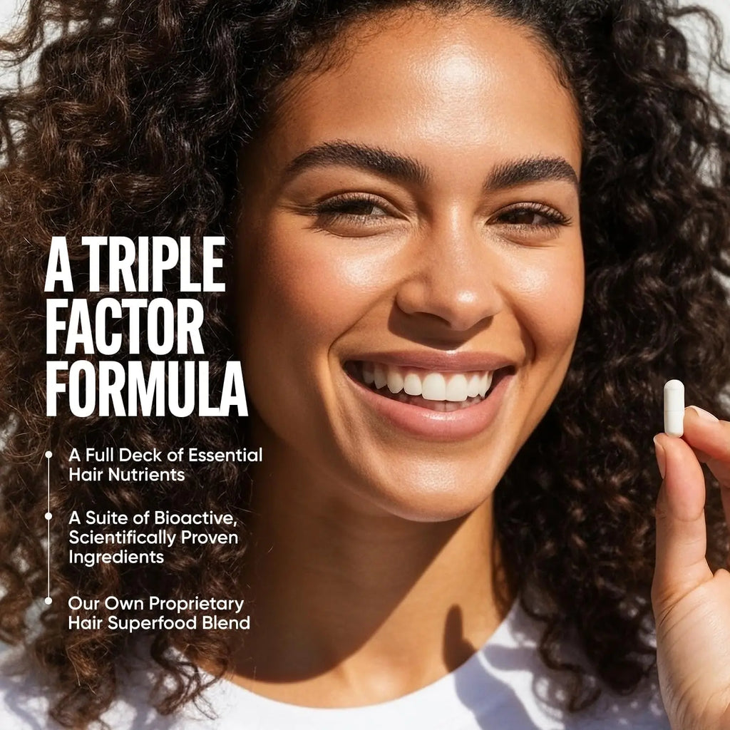 Woman holding white hair growth capsule showing triple factor formula ingredients