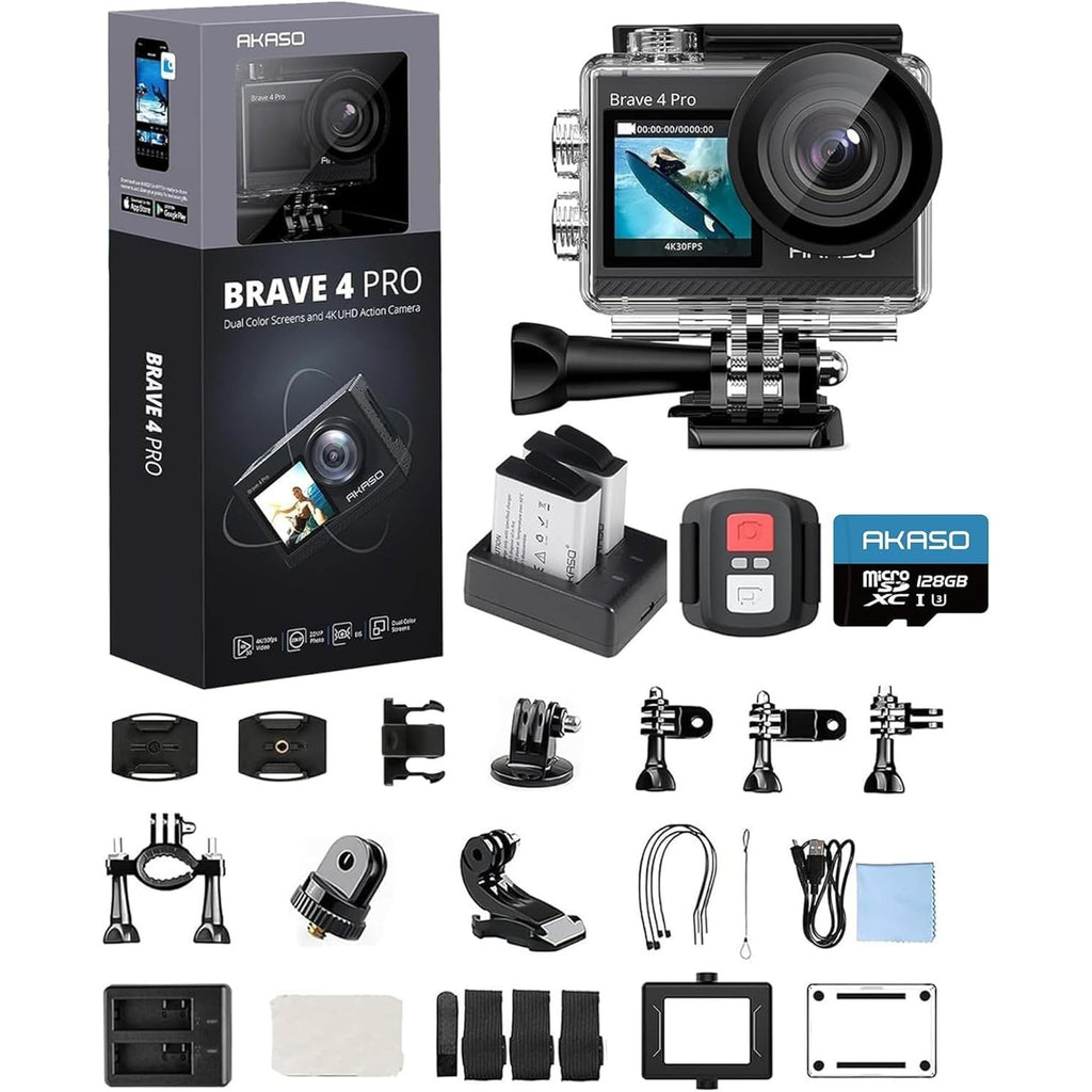 AKASO Brave 4 Pro Action Cam 4K30FPS 20MP with 128GB U3 Memory Card 40M Underwater Camera Ultra HD Touchscreen 170° Wide Angle Ice Stabilisation 5X Zoom, 2.4G Remote Control and 2 Batteries 1350mAh