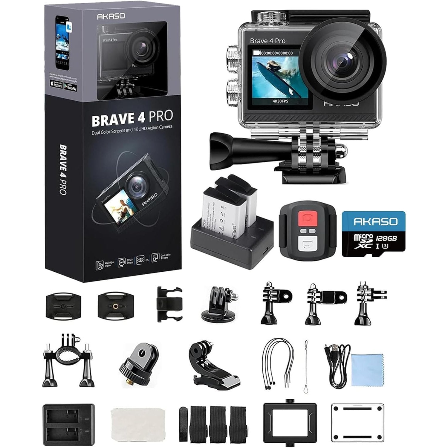 AKASO Brave 4 Pro Action Cam 4K30FPS 20MP with 128GB U3 Memory Card 40M Underwater Camera Ultra HD Touchscreen 170° Wide Angle Ice Stabilisation 5X Zoom, 2.4G Remote Control and 2 Batteries 1350mAh