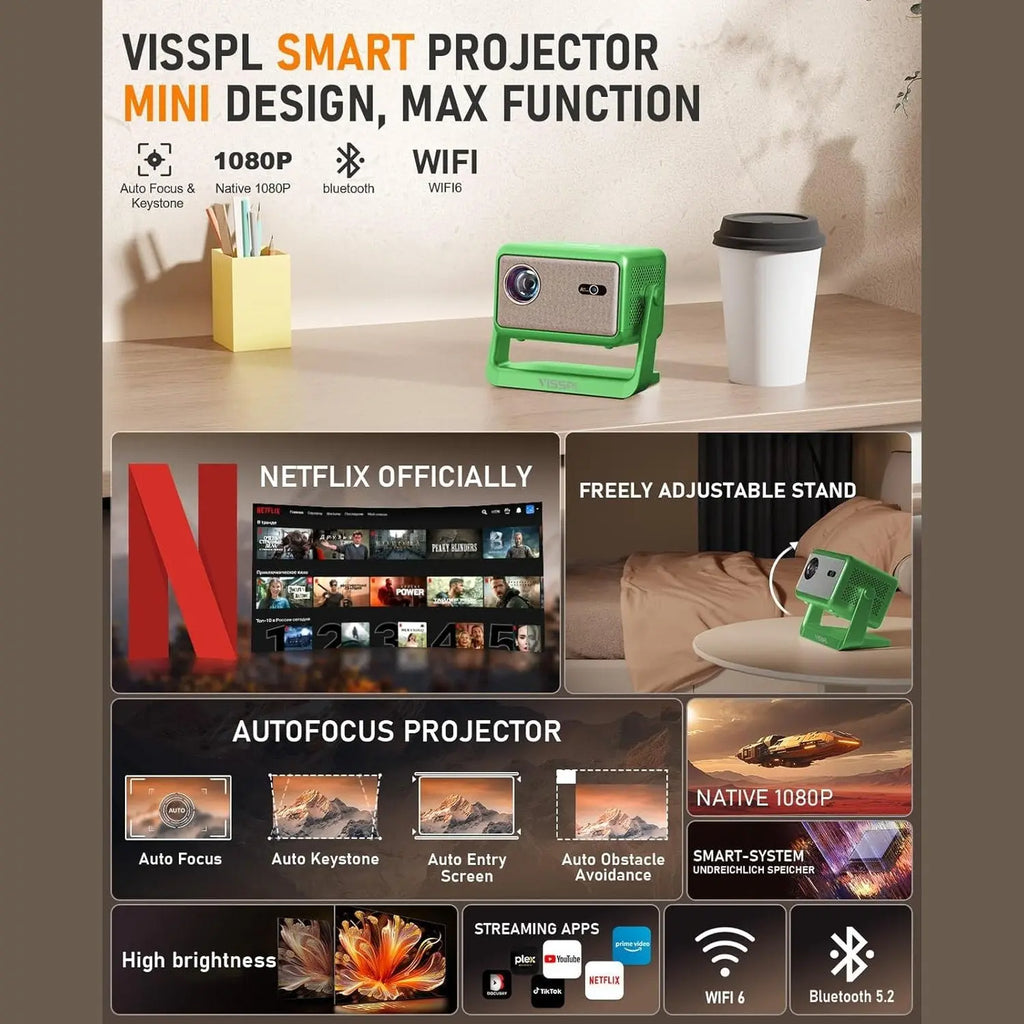 Netflix Official & Dolby Audio Projector, VISSPL Autofocus/Trapezoidal Correction Projector with WiFi Bluetooth, 26000 Lumens Full HD 1080P Projector Supports 4K, 50% Zoom Home Cinema Video Projector