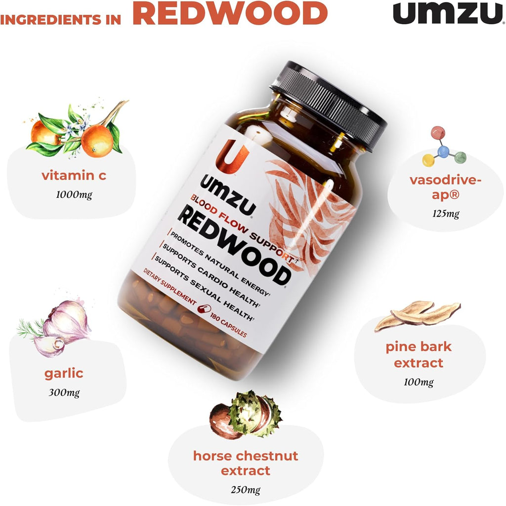 UMZU Redwood Nitric Oxide Booster, (30 Day Supply) – Vitamin C, Garlic & Horse Chestnut – Healthy Circulation & Endurance – Daily Cardiovascular Support Nitric Oxide Supplement Blood Flow Supplement