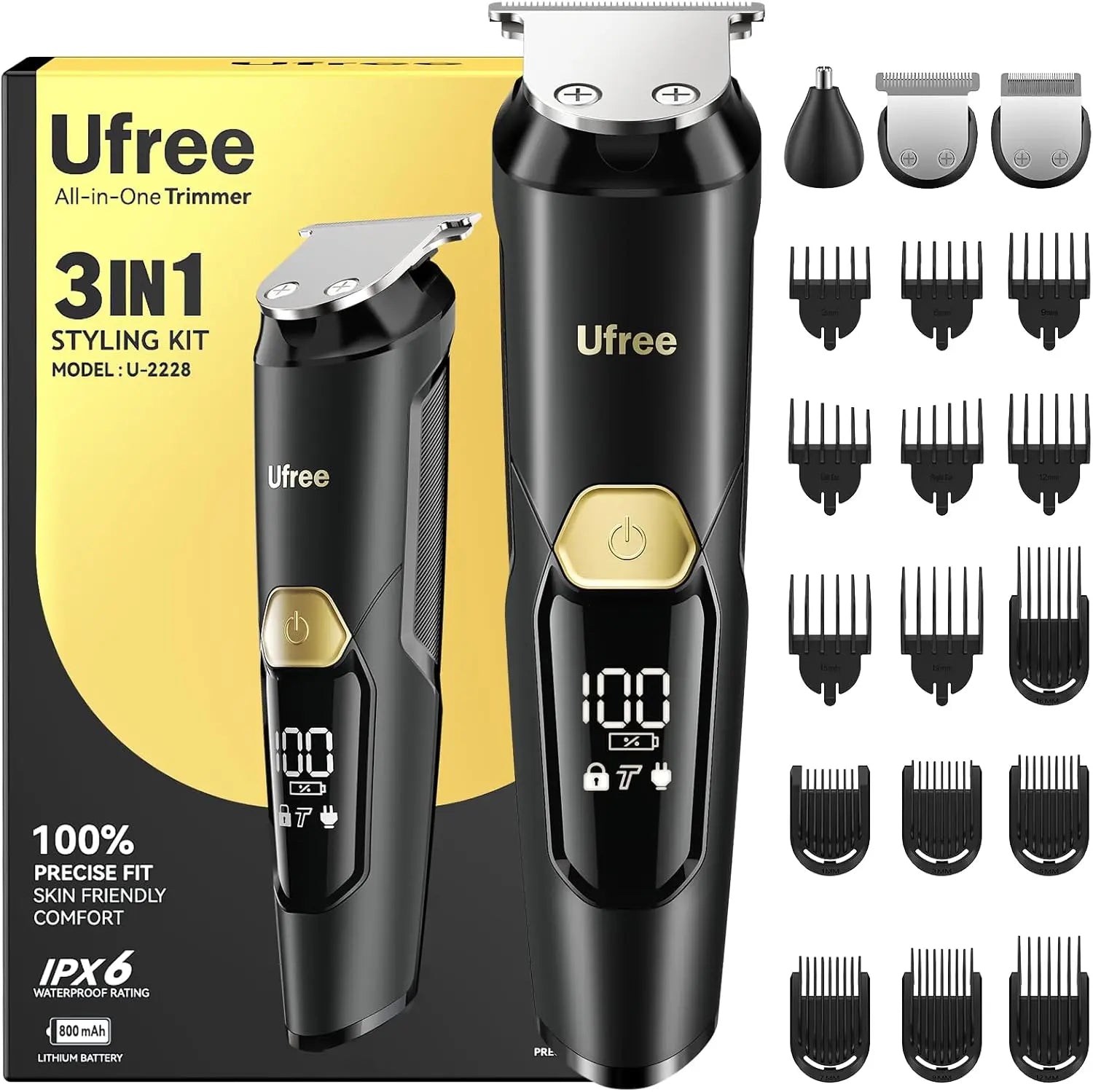 Ufree 3-in-1 Beard Trimmer Kit, Men's Electric Shaver Razor for Mustache Body Nose Facial Hair, Professional Hair Trimmer, Rechargeable Clippers, Waterproof Beard Grooming, Birthday Gifts for Men