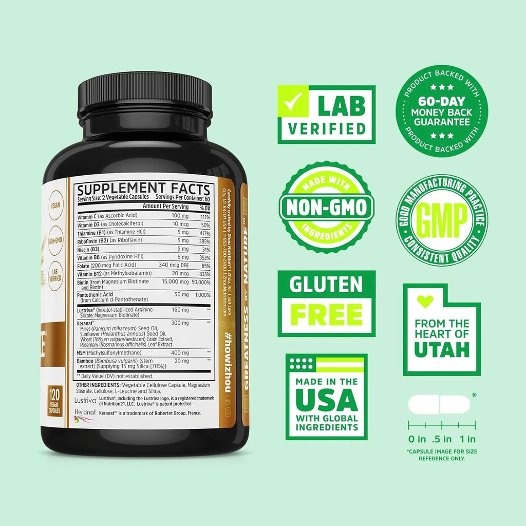 Zhou Hairfluence - Vegan Biotin Supplement for Hair Growth for Men & Women, Supports Stronger, Healthier Hair, Nails, & Glowing Skin with Lustriva & B Vitamin Complex - 120 Veggie Capsules (Pack of 1)
