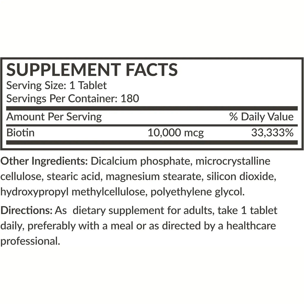 Supplement facts label showing 10,000 mcg biotin per tablet serving size