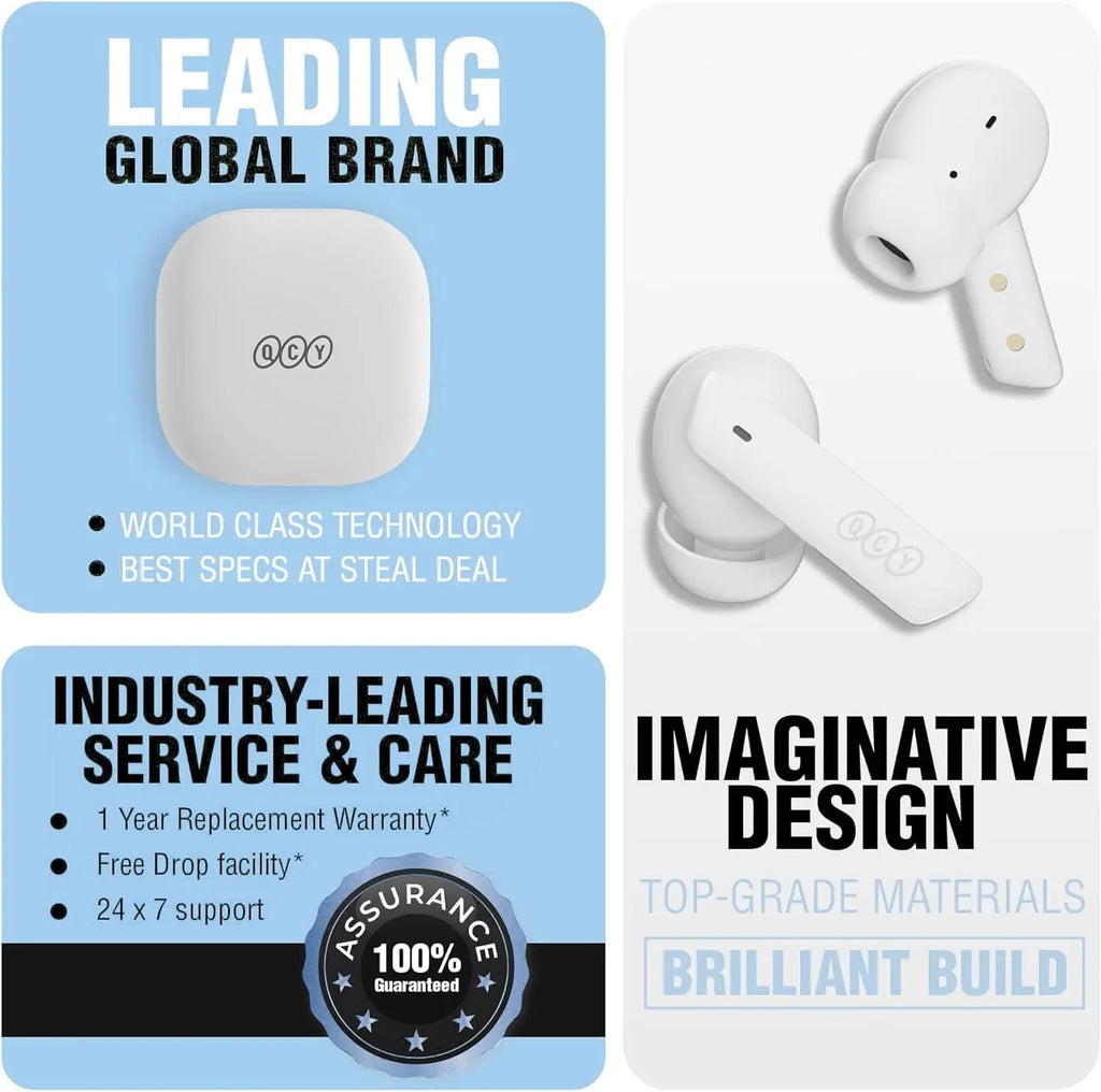 QCY Bluetooth Headphones, HT05 Noise Cancelling Headphones, Wireless, Hybrid Active Noise Cancelling In-Ear Earphones, 6 Microphones, 36H Battery, Transparent Mode, White