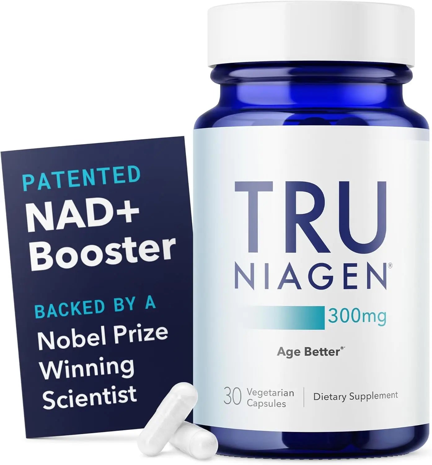 TRU NIAGEN 300mg bottle with two white capsules and card highlighting patented NAD+ booster