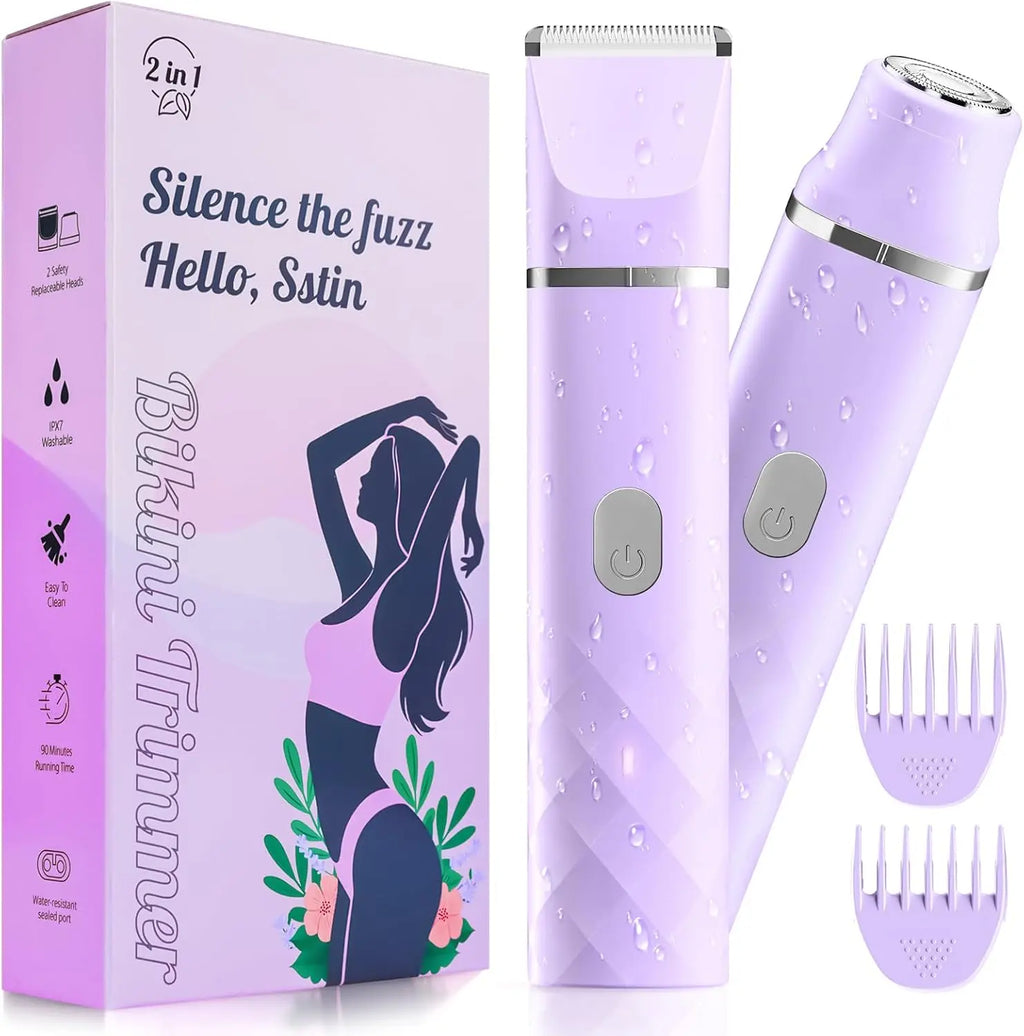 Bikini Trimmer for Women, IPX7 Waterproof, Painless Rechargeable Electric Razor Remover, 2-in-1 Facial & Pubic Hair Removal for Sensitive Skin, Portable Travel Size, Women’s Gift, Purple