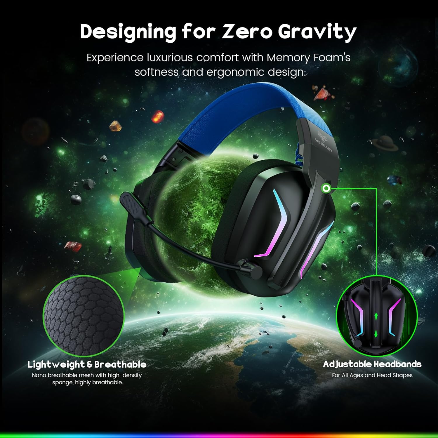 WESEARY WG1 Wireless Gaming Headphones, 2.4G Wireless Gaming Headset for PS5, PS4, PC, Switch, Stereo Sound Headphones with Microphone, PS5 Headset with RGB Light, Duration 50Hr+