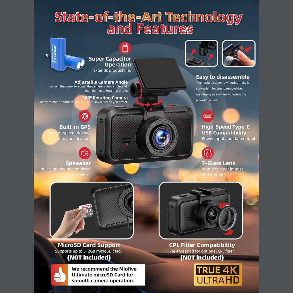 Miofive S1 Dash Cam, Built-in 5G Wi-Fi GPS Car Dashboard Camera Recorder, 2160P UHD 30fps Dashcam with APP, 3.0" IPS Screen, 140° Wide-Angle, WDR, Night Vision, 24H Parking Mode, Supports 512GB Max.