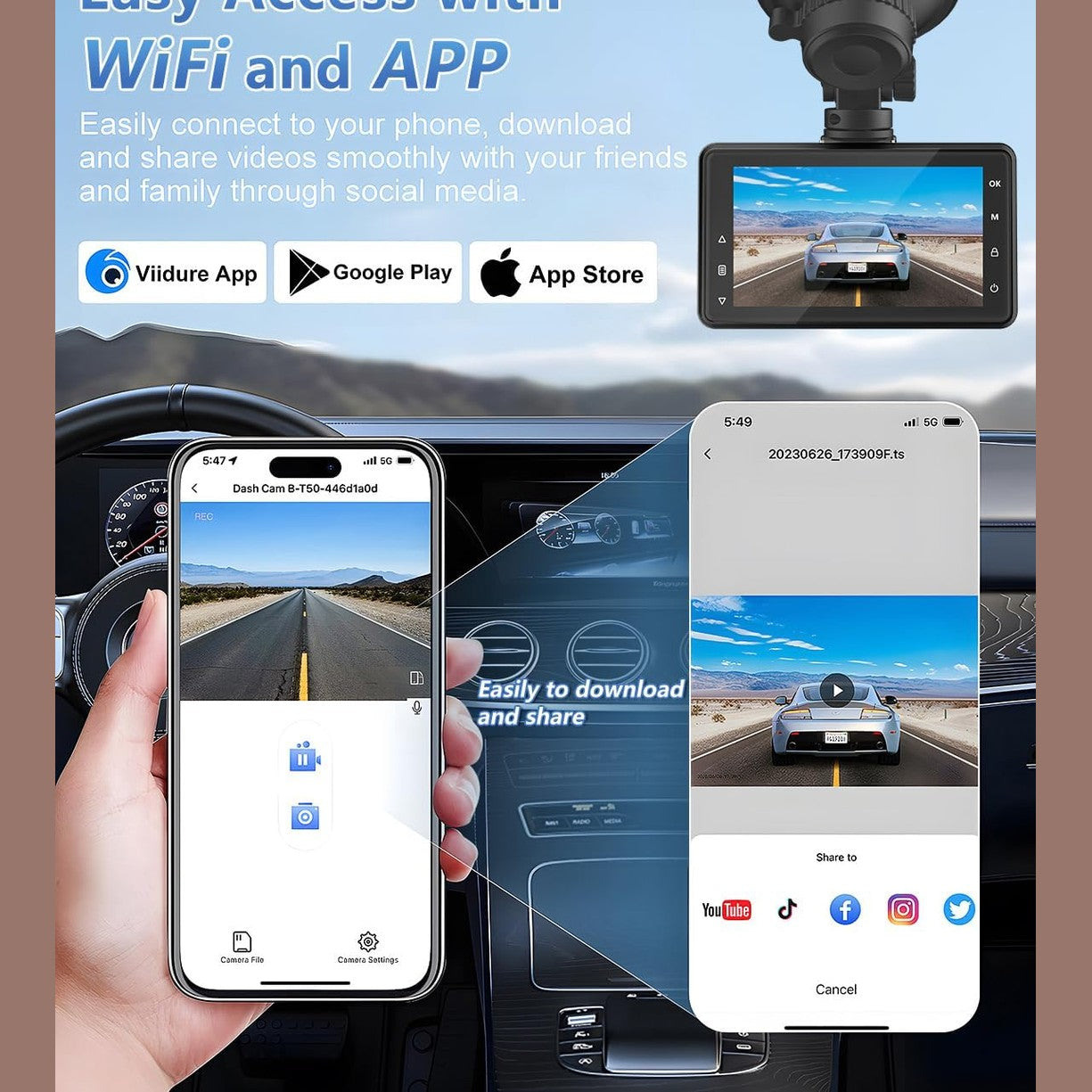 Dash Cam Front and Rear Camera, CHORTAU 3Inch Screen WiFi Dash cam, 2.5K+1080P Dash Camera for Cars, Dashboard Camera with Free 64GB Card, Type-C Port, Parking Monitor, Super Night Vision