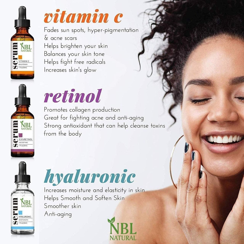 NBL NATURAL Anti Aging Set with Vitamin C Retinol and Hyaluronic Acid Serum for Anti Wrinkle and Dark Circle Remover All Natural and Moisturizing (3 x 30 ML)