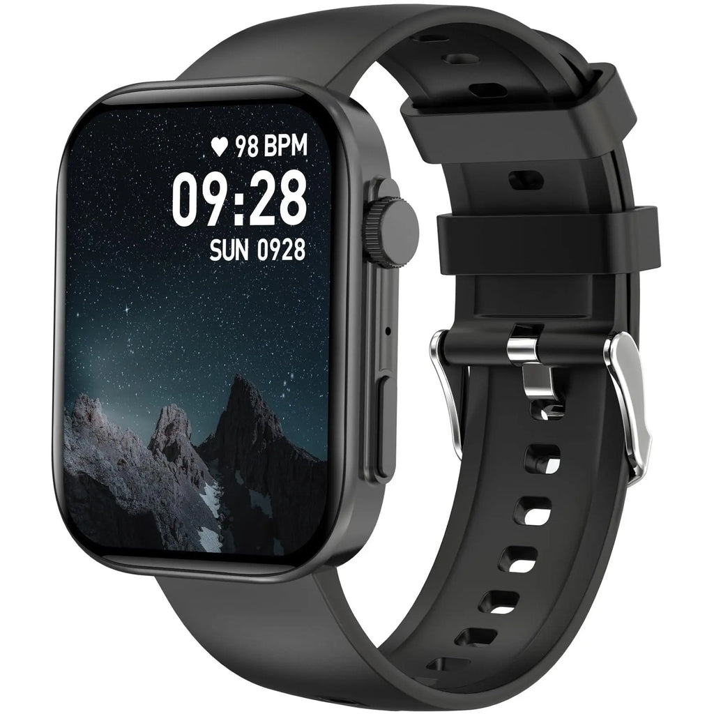Black rectangular smartwatch with starry landscape and health stats