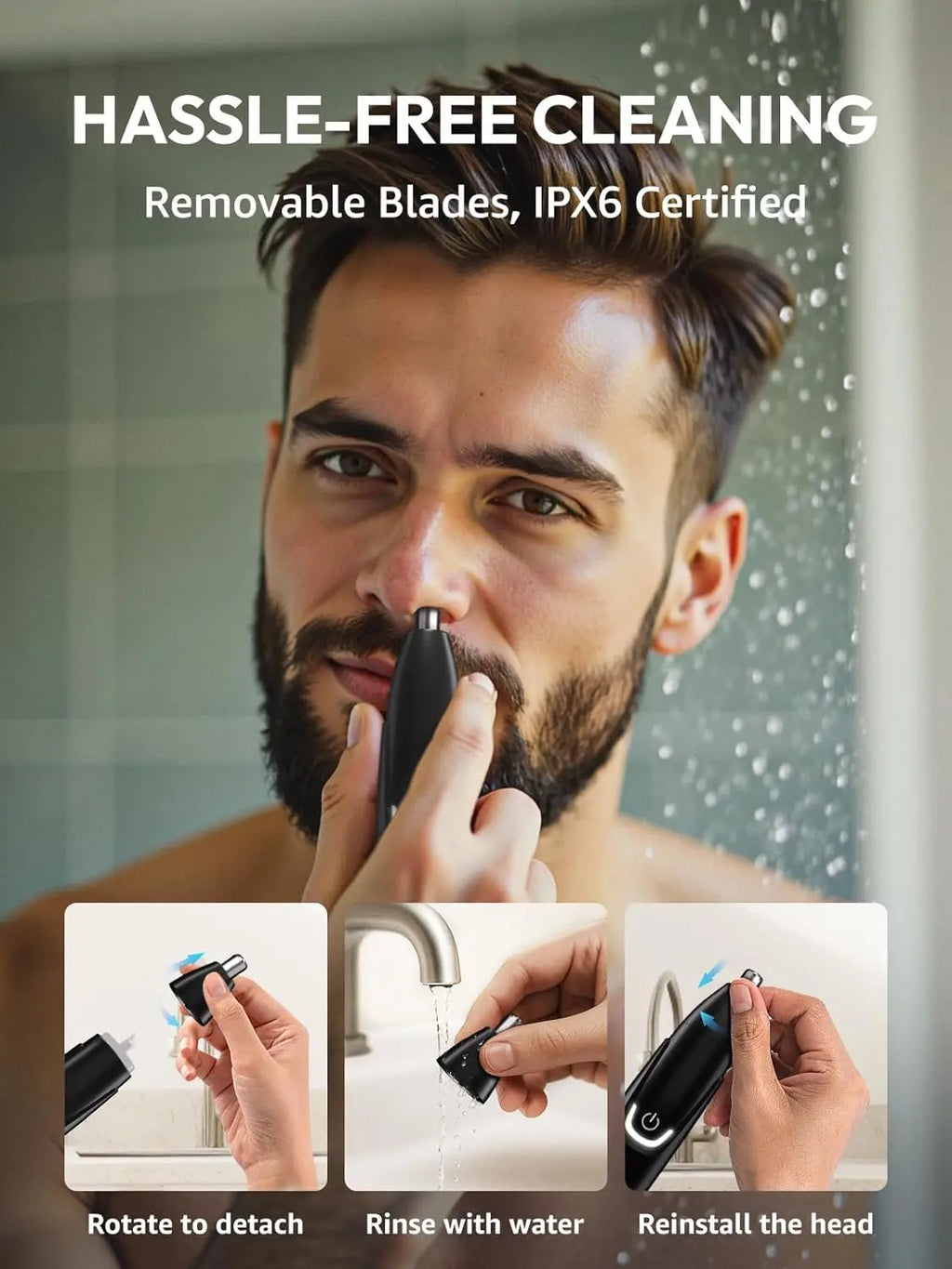 MANSPOT Nose & Ear Hair Trimmer for Men – Painless Nose Hair Trimmer Rechargeable with 8000-RPM Powerful Motor, Dual-Edge Blades, IPX6 Waterproof, USB-C Charging, 90min Runtime & Detachable Head