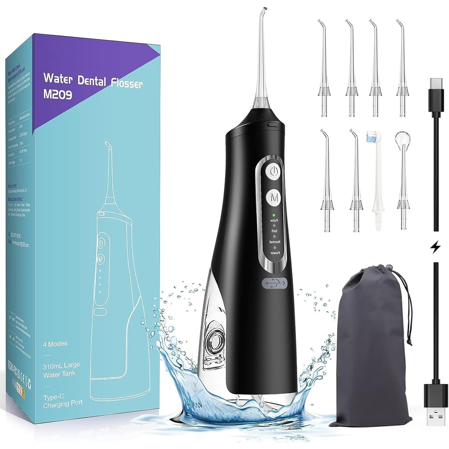 Anmir Water Dental Flosser Professional Irrigator for Dental & Oral Care with 4 Tips 4 Modes 310mL Large Capacity IPX7 Rechargeable and Portable Cordless Deep Clean Teeth for Home & Travel(Black)