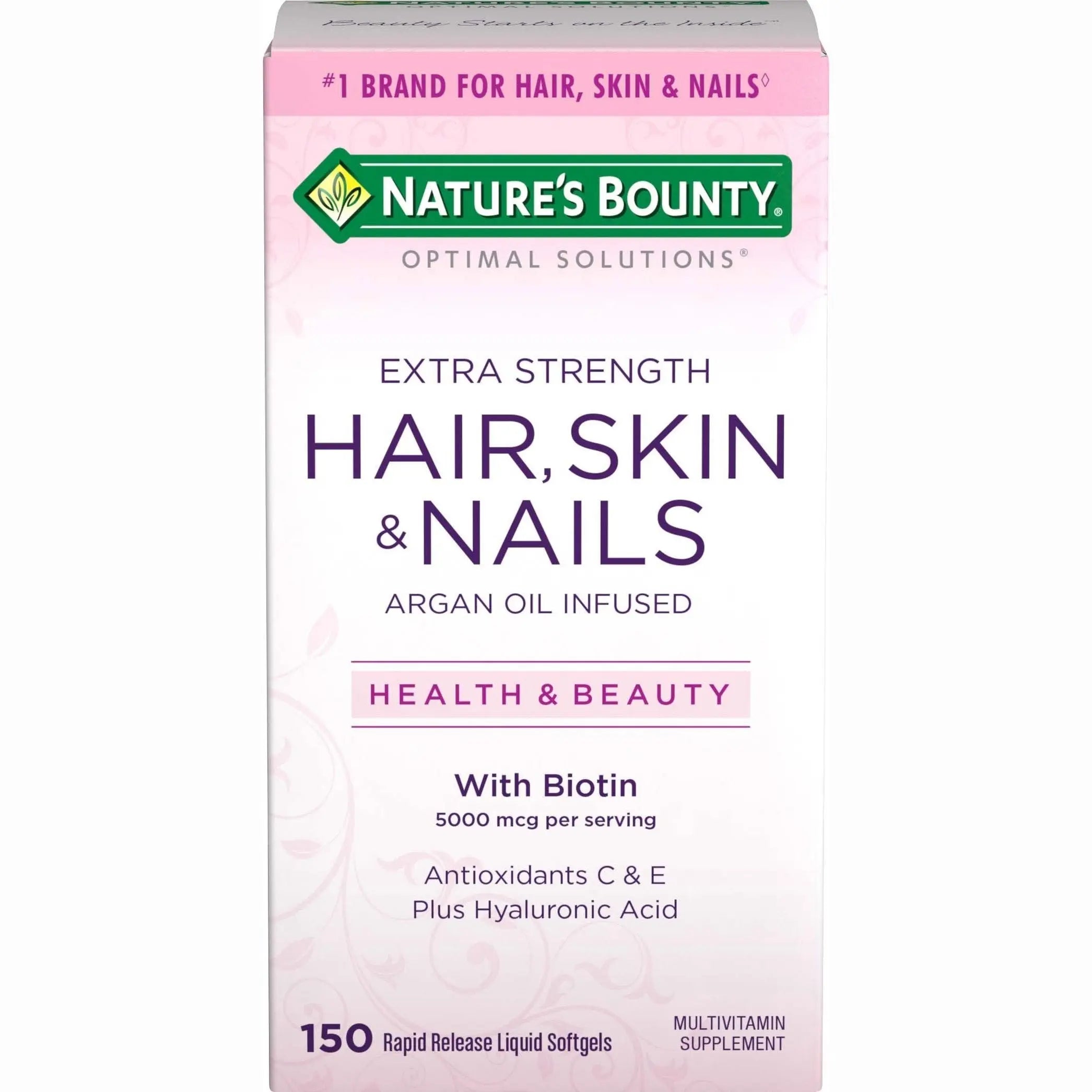 Nature's Bounty Advanced Hair, Skin & Nails, Argan-Infused Vitamin Supplement with Biotin and Hyaluronic Acid, 150 Rapid Release Softgels, 50 Total Servings