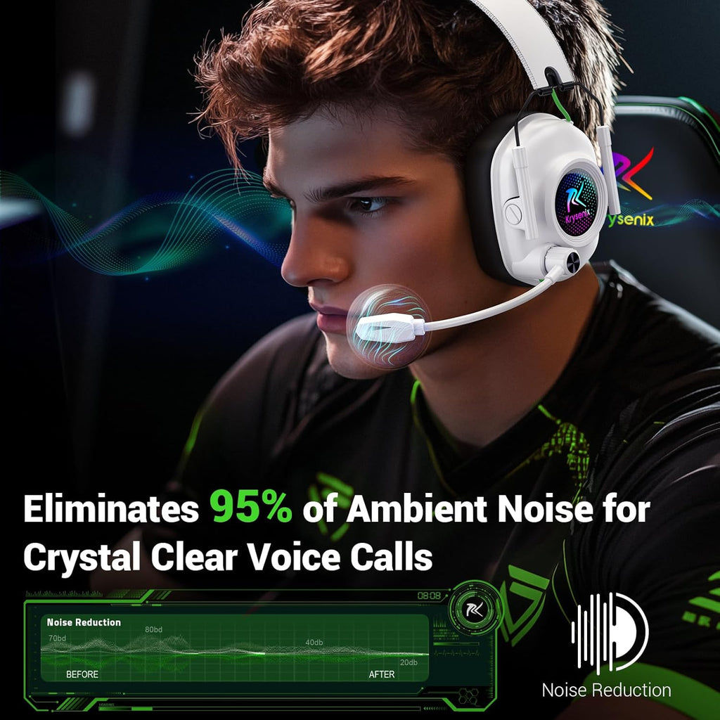 Krysenix Wireless Gaming Headset with Noise Canceling Microphone for PC, PS5, PS4, Switch, Mac, 2.4 GHz Wireless & Bluetooth 5.4 Gaming Headphones, Cool RGB Lighting, 40Hr Battery, 50mm Drivers-White