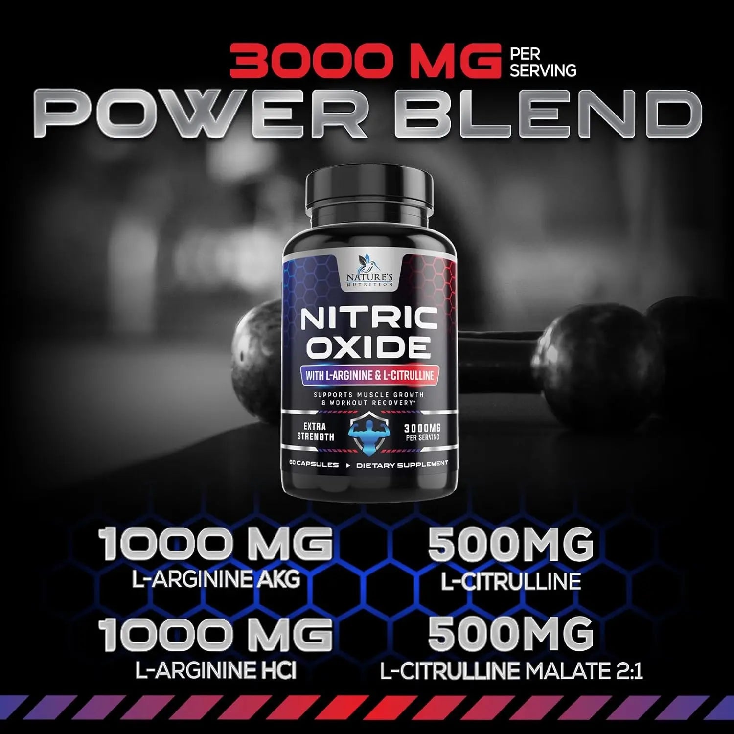 Nitric Oxide Supplement 3000mg Per Serving with L-Arginine AKG and Citrulline Malate
