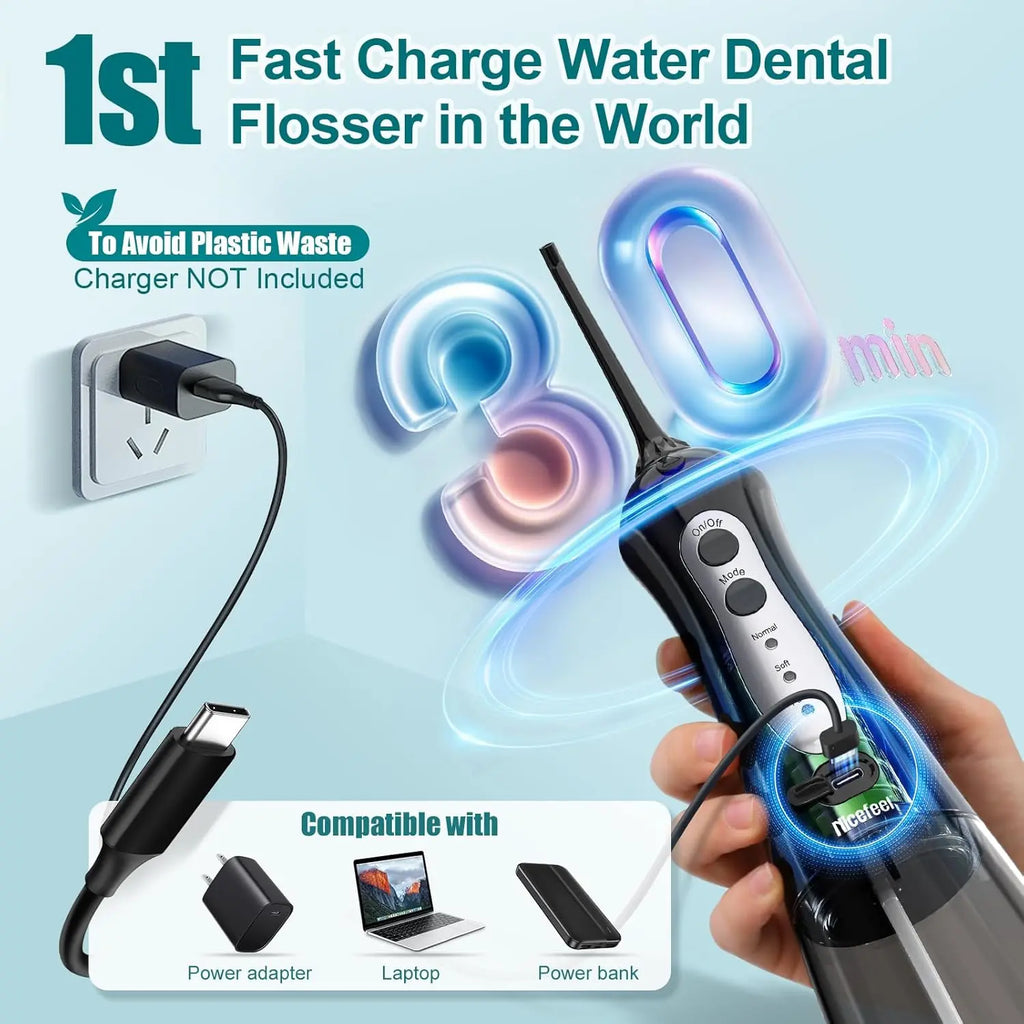 Black cordless water flosser with USB-C port and compatible power bank icons