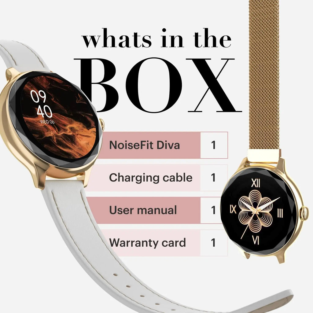Noise Diva Smartwach for Women with AI Voice Assistant, 100+ Watchfaces, Sleep Tracker, Female Cycle Tracking, BT Calling, AMOLED Display, Water & Dust Resistant, 1 Year Warranty (Black link)