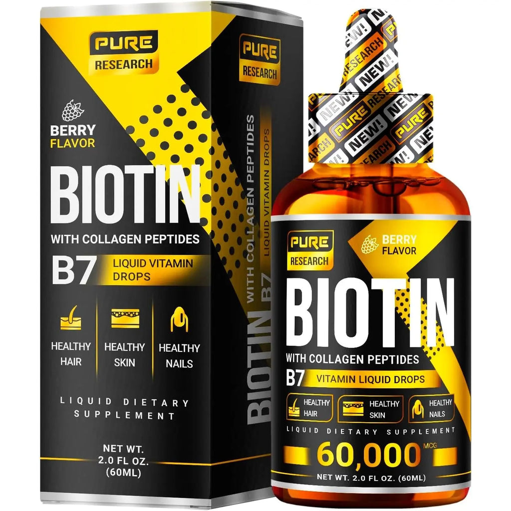 Pure Research biotin collagen box and amber glass bottle packaging