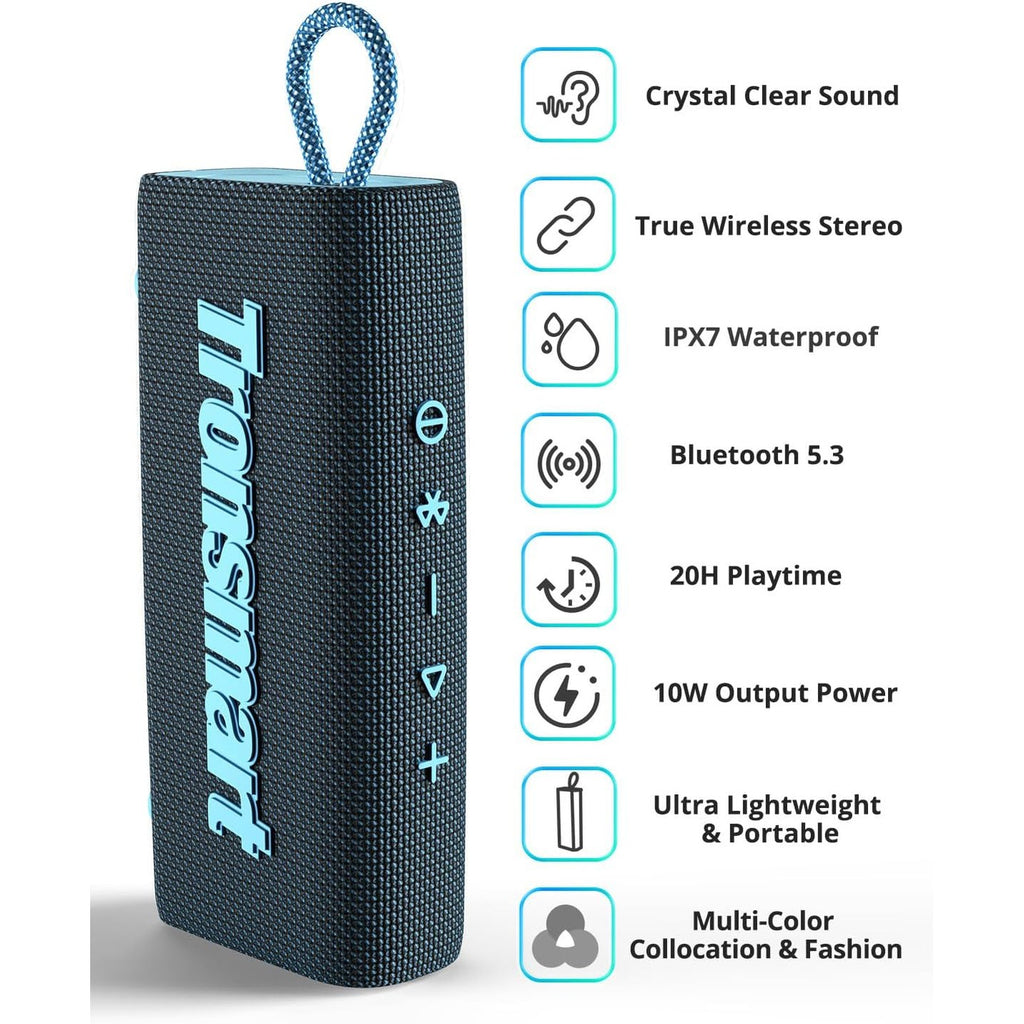 Tronsmart Portable Bluetooth Speaker, Trip Mini Speaker with Bluetooth 5.3, 20H Playtime, AUX, Mic, IPX7 Waterproof Speakers, Wireless Outdoor Speakers for Beach and Bike Travel - Blue