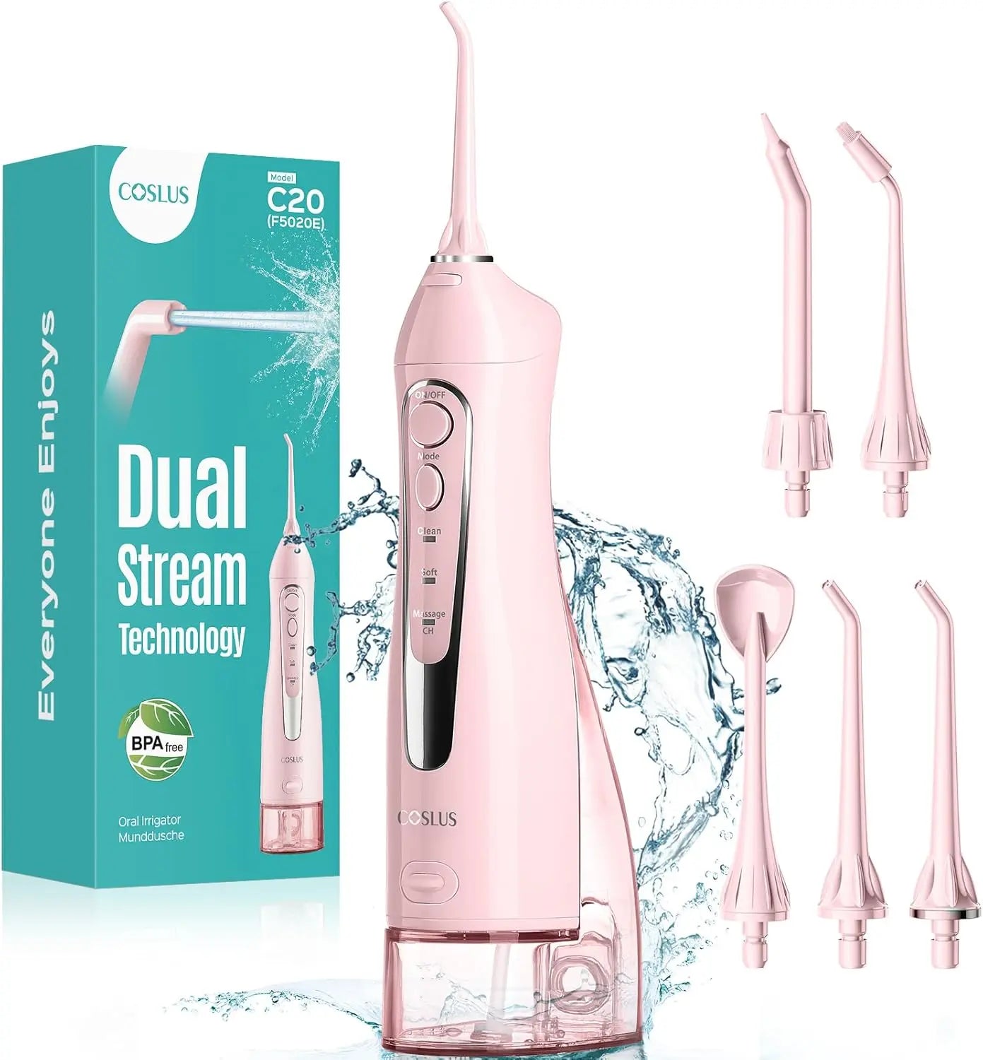 COSLUS Water Dental Flosser Teeth Pick C20(F5020E): Portable Cordless Oral Irrigator 300ML Rechargeable Travel Irrigation Cleaner IPX7 Waterproof Electric Flossing Machine for Teeth Cleaning, Pink