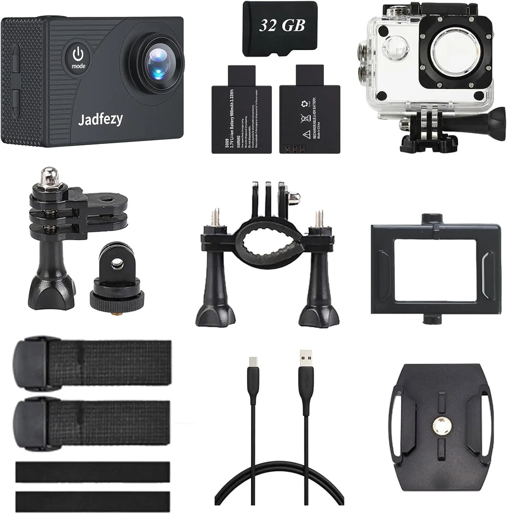 Complete Jadfezy action camera accessories kit including mounts cables and waterproof housing