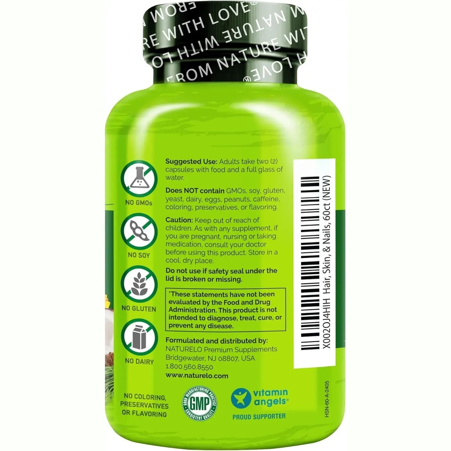 NATURELO Hair, Skin and Nails Vitamins - 5000 mcg Biotin, Collagen, Natural Vitamin E - Supplement for Healthy Skin, Hair Growth for Women and Men – 60 Capsules