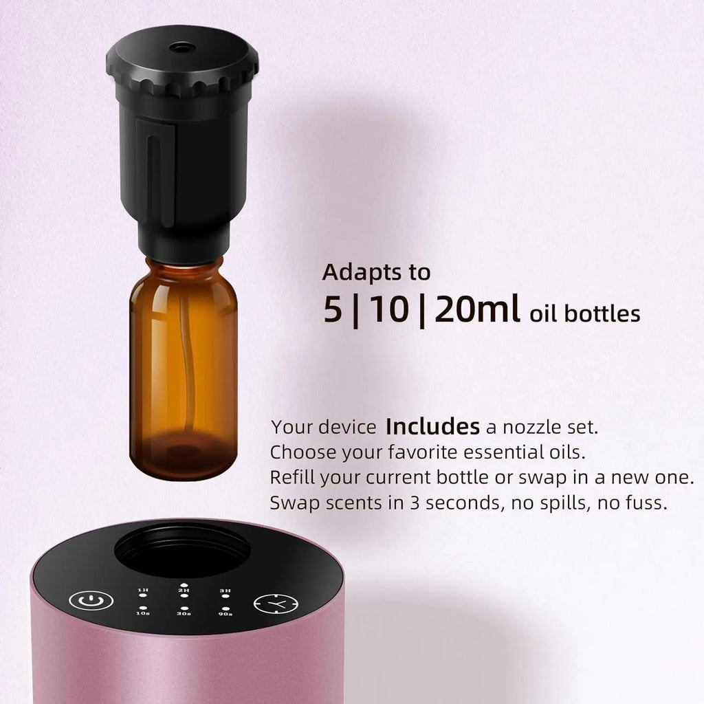 Pink waterless diffuser compatible with 5 10 or 20ml essential oil bottles with nozzle set