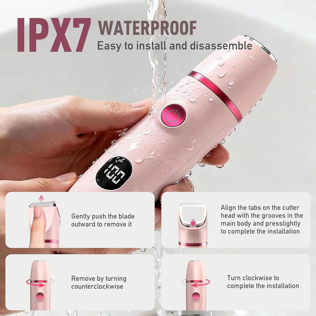 IPX7 Waterproof Bikini Trimmer for Women, Hypoallergenic Painless Ceramic Blade Electric Face Razors for Shaving, Facial Pubic Hair Removal Shaver for Shower Use Summer Beach Travel Essentials