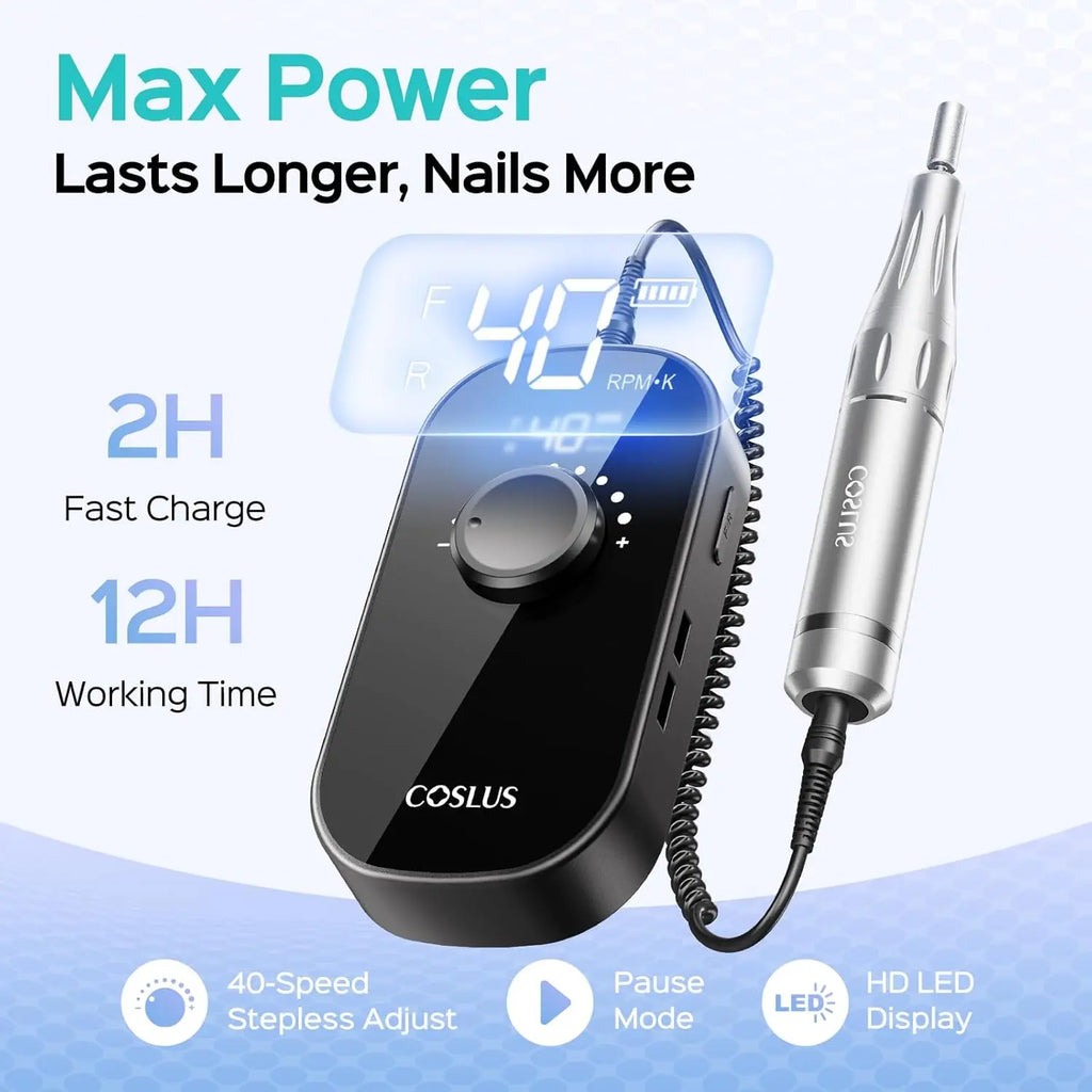 COSLUS Professional Electric Nail Drill：35000RPM, Portable Rechargeable Electric File with Bits & Base for Acrylic Nails Manicure Gel Polishing(Black)