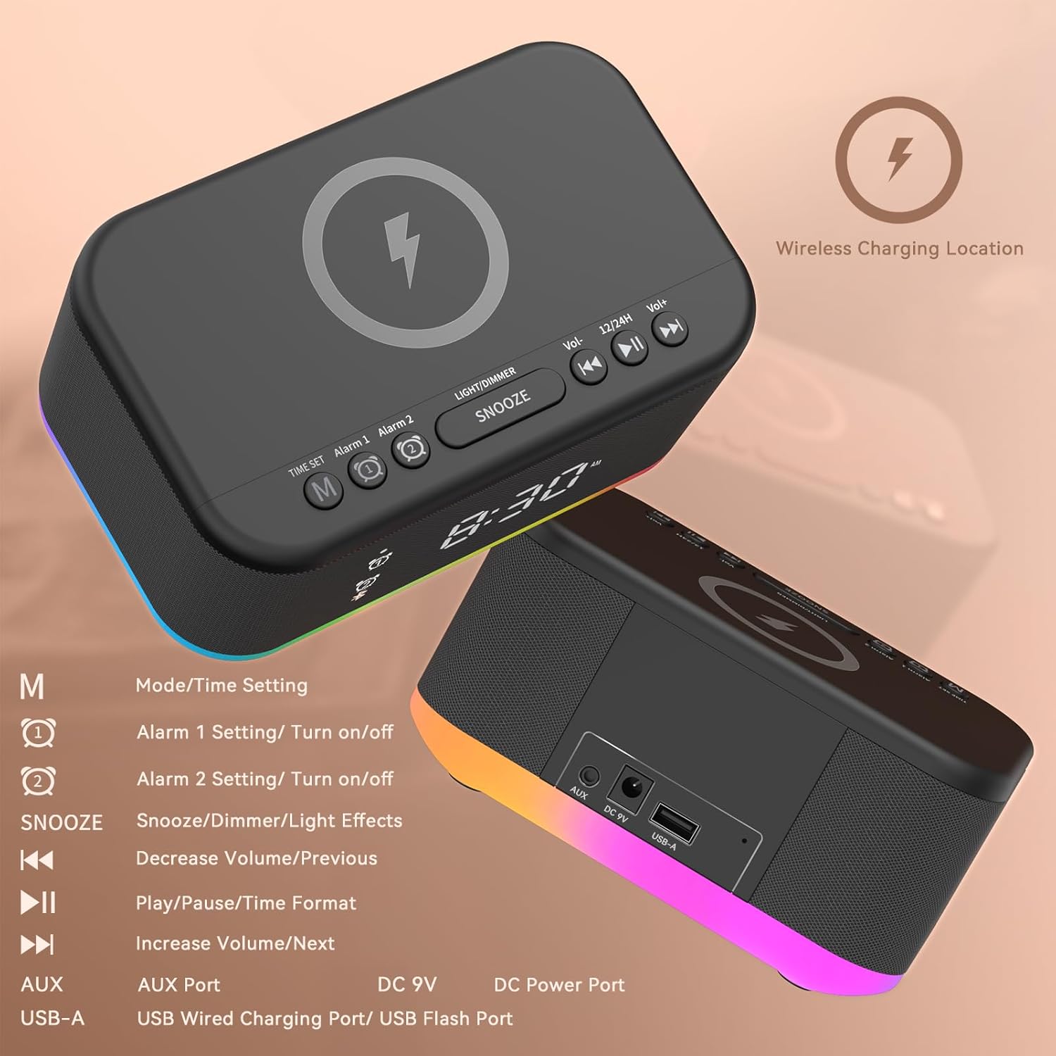 Wireless Charging Alarm Clock Bedroom, Loud Digital Alarm Clocks Bedrooms, Alarm Clock Night Light Speaker 8W Snooze Dual Alarm 12/24H Adjustable Brightness Dimmer Bluetooth, Black