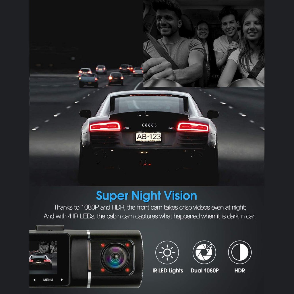 abask J05 Dash Cam Car 1080P Dash Cam Front Interior with 32GB SD Card, 310° Wide Angle View, Car Camera with Parking Monitoring, Motion Detection, Infrared Night Vision, G-Sensor, Loop Recording,