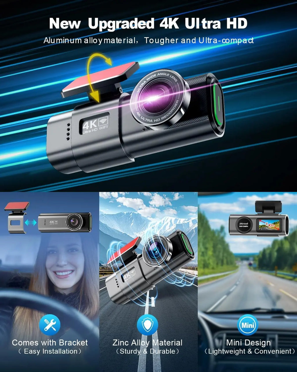 Car Dash Cam, 4K Dashcam with 64G Card, Car Dashcam with WiFi & App, 170° Car Camera, 1.47" Screen, WDR, Night Vision, Parking Mode, Gravity Sensor, Loop Recording
