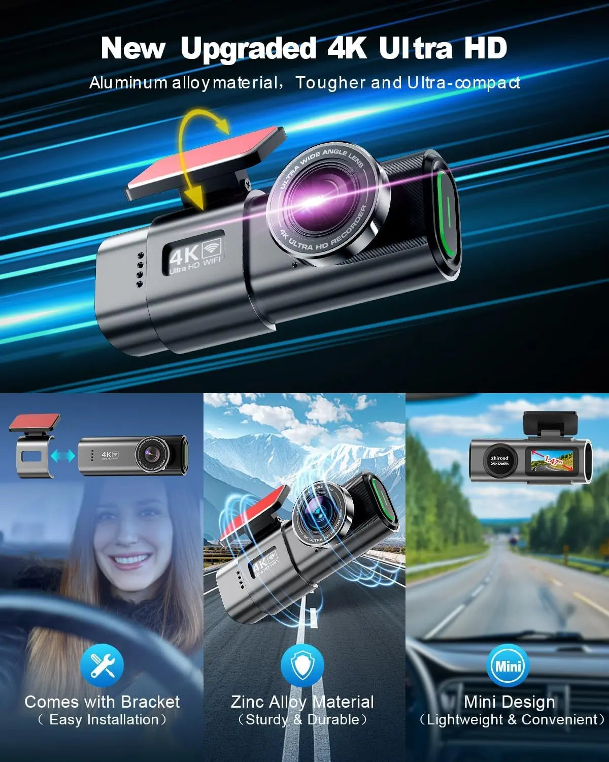 Car Dash Cam, 4K Dashcam with 64G Card, Car Dashcam with WiFi & App, 170° Car Camera, 1.47" Screen, WDR, Night Vision, Parking Mode, Gravity Sensor, Loop Recording