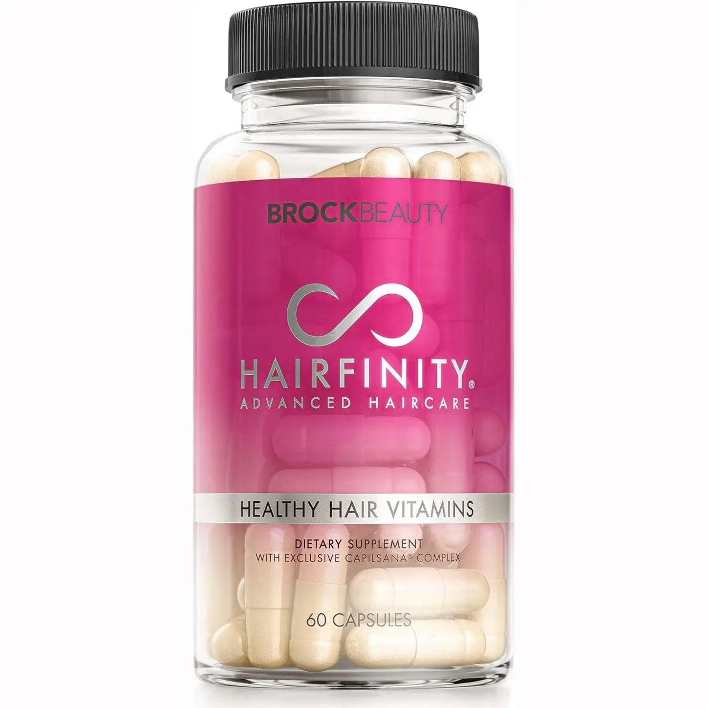 Front view of Hairfinity advanced haircare dietary supplement bottle with 60 veggie capsules