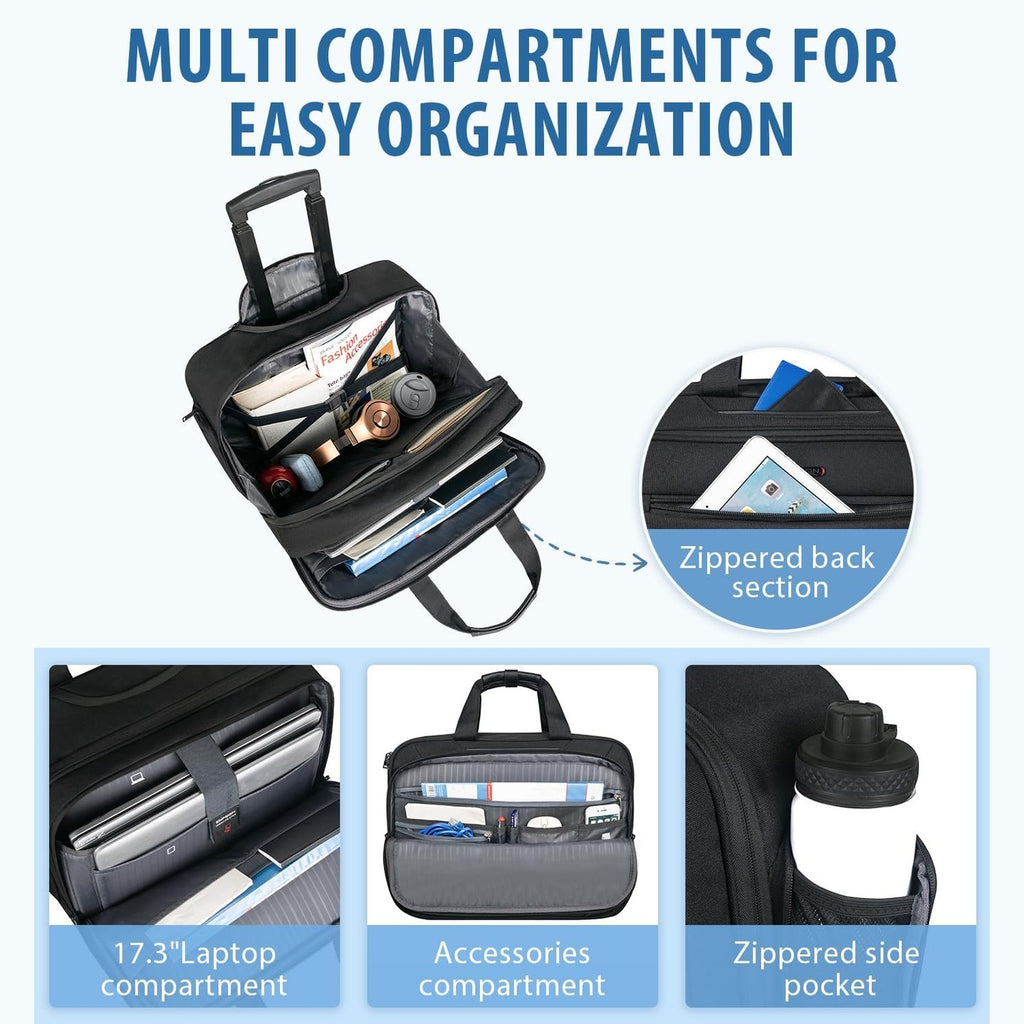 EMPSIGN Rolling Briefcase Laptop Bag,17.3" Computer bag with wheels, Water Repellent Travel Roller Underseat Bag with RFID Blocking Pocket,Rolling Work Bags for women/men -Black, Black, 11.8*5.1